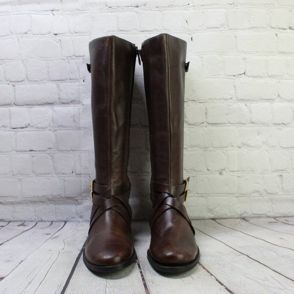 Cole Haan Brown Leather Side Zip Buckled Knee High Boots Size 9.5 B - Picture 4 of 12